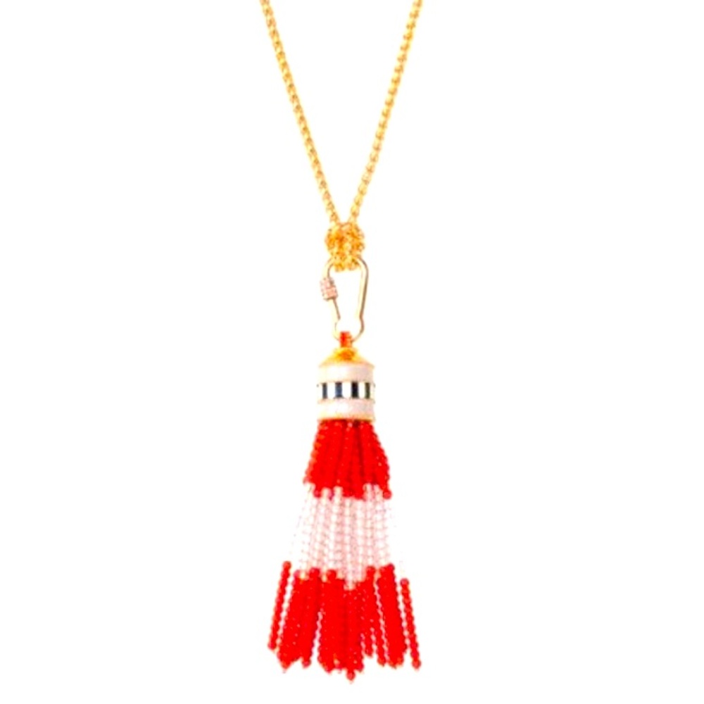 Stella & Dot | Retired Coral Red + Gold Beaded Brio Tassel Necklace - Picture 2 of 12